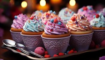 ai generato un' dolce, fatti in casa Cupcake con rosa glassatura e fruttato decorazione generato di ai foto