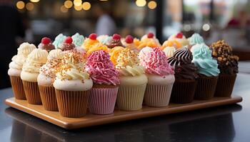 ai generato dolce cibo, buongustaio cupcake, cioccolato al forno caramella, merenda rinfresco glassatura generato di ai foto