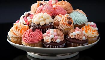 ai generato Cupcake dolce, dolce cibo, buongustaio al forno cioccolato caramella decorazione generato di ai foto