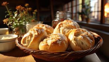 ai generato freschezza e fatti in casa pane, un' buongustaio dolce su un' rustico tavolo generato di ai foto