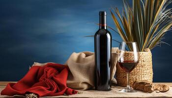 ai generato lusso vino bottiglia su di legno tavolo, bicchiere di rosso vino generato di ai foto