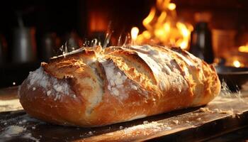 ai generato appena al forno pane su un' di legno tavolo, pronto per mangiare generato di ai foto