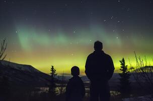 ai generato padre e figlio osservando aurora Borealis foto
