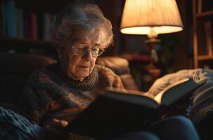 ai generato anziano donna lettura di lampada leggero foto