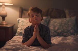 ai generato ragazzo seduta sotto coperta preghiere foto