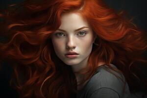 ai generato radiante rosso capelli donna ritratto. creare ai foto