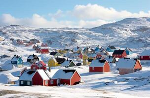 ai generato groenlandese villaggio durante inverno foto