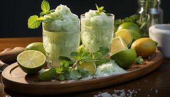 ai generato rinfrescante Mojito cocktail con agrume frutta e menta foglia contorno generato di ai foto