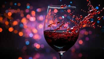 ai generato celebrazione di notte bicchiere di vino scrosciante rosso vino, illuminato di raggiante sfondo generato di ai foto