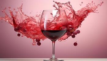 ai generato spruzzi rosso vino nel un' bicchiere di vino, festeggiare con eleganza e romanza generato di ai foto