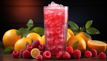 ai generato fresco lampone cocktail con agrume frutta e menta foglia contorno generato di ai foto