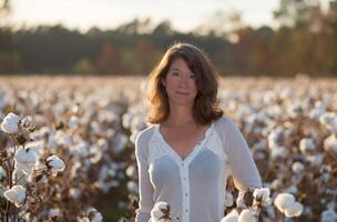 ai generato donna nel cotone campo a tramonto foto