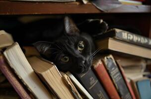 ai generato nero gatto nascosto tra libri foto