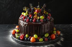 ai generato cioccolato frutta torta decorazione foto