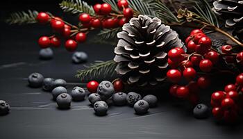 ai generato Natale albero decorazione con frutti di bosco e le foglie su un' buio sfondo generato di ai foto