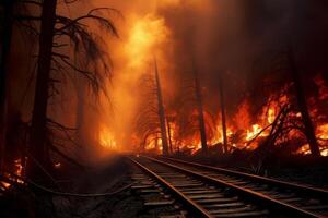ai generato ferrovia fuoco foresta naturale. creare ai foto