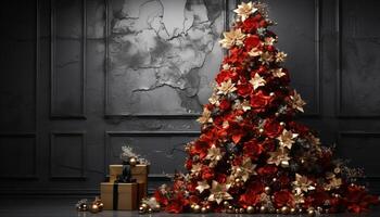 ai generato Natale albero decorazione raggiante nel il scuro, schiarimento il notte generato di ai foto