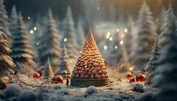 ai generato inverno notte, neve coperto albero si illumina con Natale luci generato di ai foto