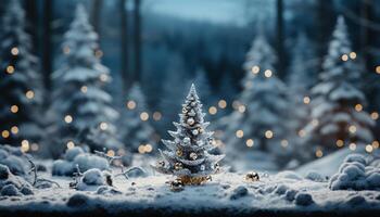 ai generato inverno notte, neve coperto albero, raggiante Natale luci, gelido celebrazione generato di ai foto