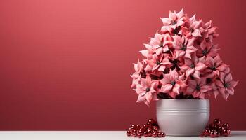ai generato fresco rosa fiori decorare il vaso, portando natura in casa generato di ai foto