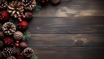 ai generato rustico legna tavolo con pino cono ghirlanda, Natale decorazione generato di ai foto