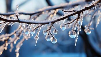 ai generato freschezza di inverno ghiacciato rami, trasparente gocce, natura bellezza generato di ai foto