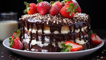 ai generato un' fresco, fatti in casa cioccolato torta con fragola e frustato crema generato di ai foto