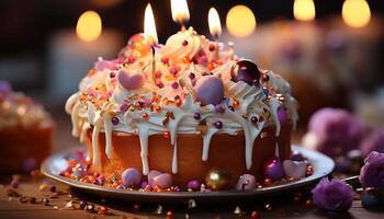 ai generato compleanno torta con cioccolato glassatura, candela, e colorato decorazioni generato di ai foto