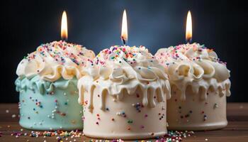 ai generato compleanno celebrazione con Multi colorato cupcakes, dolce glassatura, e vivace decorazioni generato di ai foto