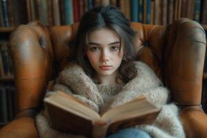 ai generato adolescente ragazza riposa accogliente nel un poltrona, assorto nel un' travolgente libro foto