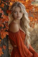 ai generato bellissimo bionda donna nel rosso-arancione vestito in posa di albero con colorato le foglie foto