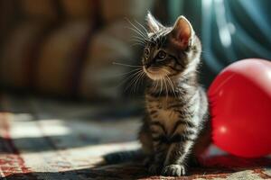 ai generato poco gattino nel il vivente camera con un' rosso Palloncino. regalo concetto foto