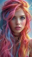 ai generato colorato creatività dinamico illustrazione di personaggio con multicolore capelli foto