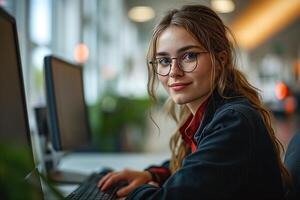 ai generato giovane donna Lavorando nel il ufficio con computer foto