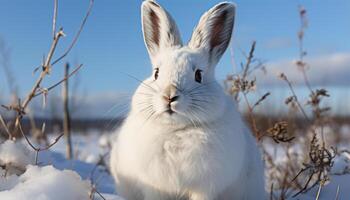 ai generato carino soffice coniglio seduta nel il neve, guardare a telecamera generato di ai foto