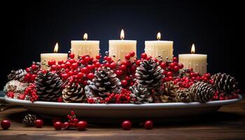 ai generato Natale decorazione lume di candela si illumina il buio inverno notte generato di ai foto