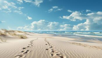 ai generato blu cielo, sabbioso dune, tranquillo onde, estate vacanza di il costa generato di ai foto