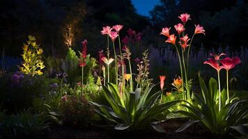 ai generato raggiante giardini illuminato botanico viene visualizzato dopo buio foto