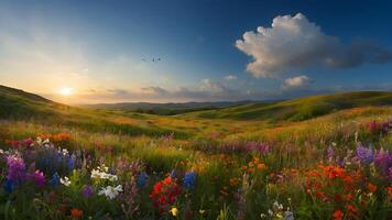 ai generato Fiore di campo Paese delle meraviglie prato scoppiando con colorato fioriture foto