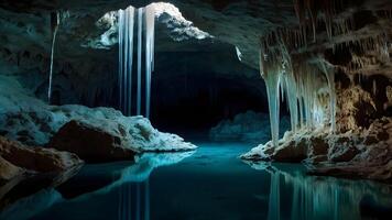 ai generato enigmatico grotte stalattiti e stalagmiti nel sotterraneo profondità foto