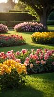 ai generato glorioso giardini fioritura fiori adornare ben curato prati foto