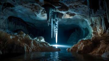 ai generato enigmatico grotte stalattiti e stalagmiti nel sotterraneo profondità foto