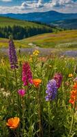 ai generato Fiore di campo Paese delle meraviglie prato scoppiando con colorato fioriture foto