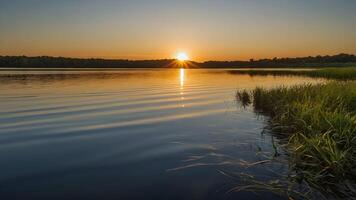 ai generato tramonto serenità d'oro ora riflessi su calma lago acque foto