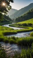 ai generato tranquillo campagna pigro fiume serpeggiante attraverso verde valli foto