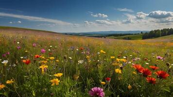 ai generato Fiore di campo Paese delle meraviglie prato scoppiando con colorato fioriture foto