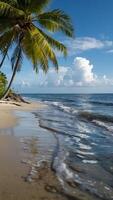 ai generato tropicale Paradiso palma alberi ondeggiante nel dolce oceano brezza foto