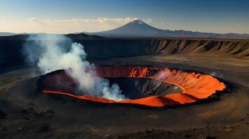 ai generato vulcanico Meraviglia fumo cratere contro sterile paesaggio foto