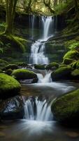 ai generato capriccioso cascate a cascata flussi tra muschioso rocce foto