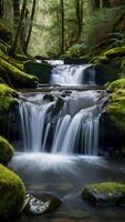 ai generato capriccioso cascate a cascata flussi tra muschioso rocce foto